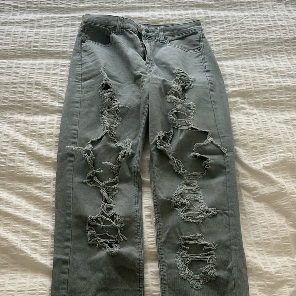 Women’s mom jeans, American Eagle, destroyed style, teal/grey, worn once, Size 4